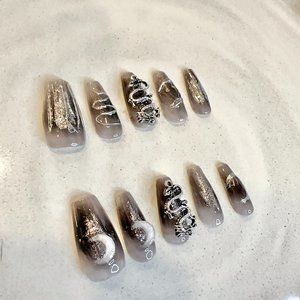 Hand-made black/silver press on nails with mental snake |party nails|with glue